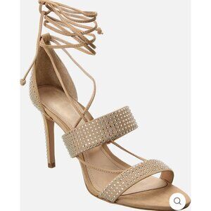 Schutz Sybil Lace Up Leather Heels Sandal Women's 6 Tan Rhinestone